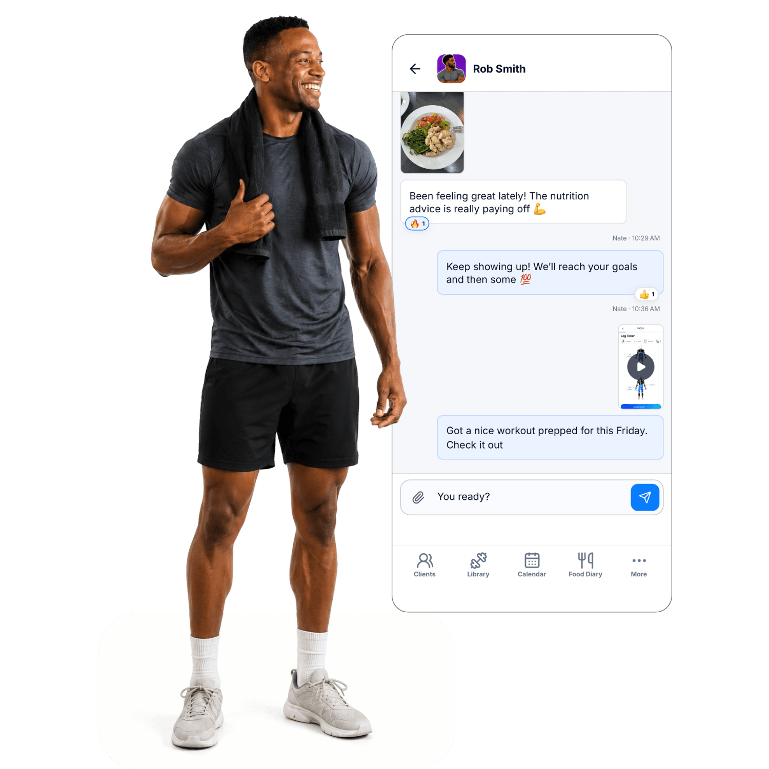 Smiling trainer beside a client coaching chat interface