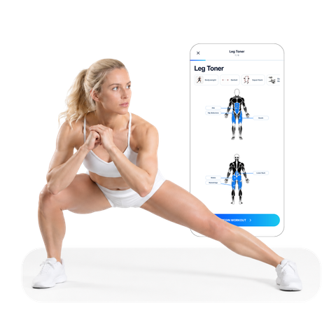 Athlete performing a lateral lunge beside the Traination workout app